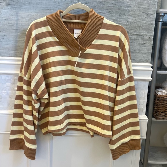 NWT new medium Anthropologie Maeve cotton boxy v-neck top tan yellow stripe - Picture 3 of 16